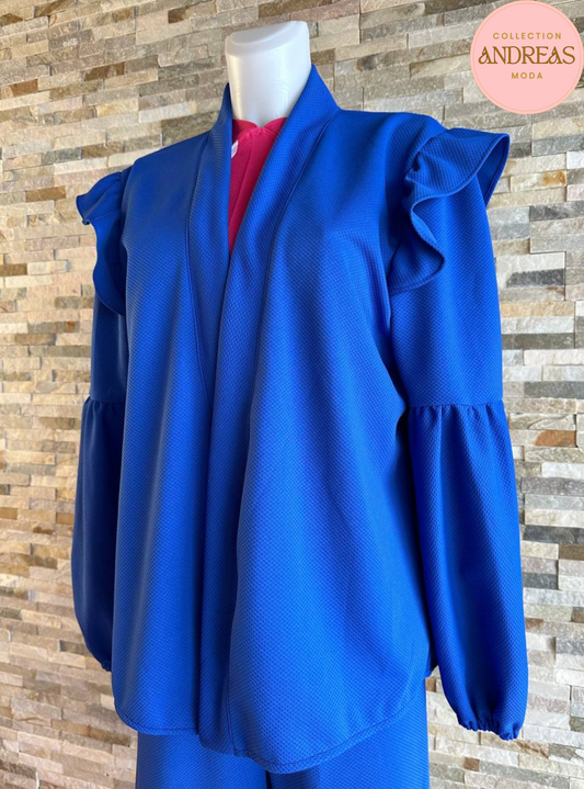 Conjunto de chaqueta y pantalon con volantes azul