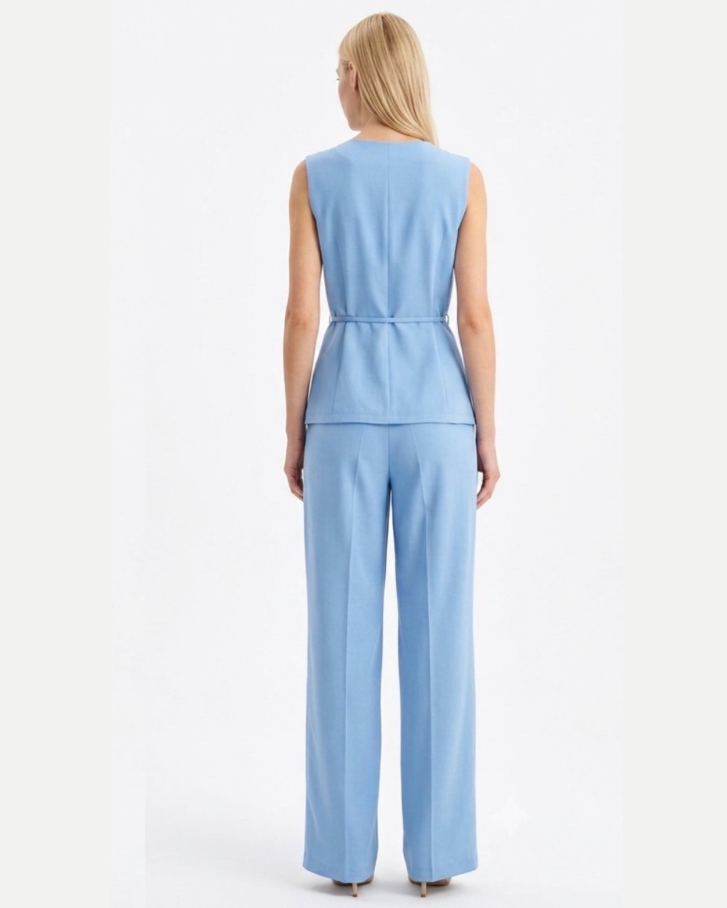 Conjunto Elegante Dos Piezas en Azul: Chaleco Cruzado con Cinto y Pantalón Wide Leg